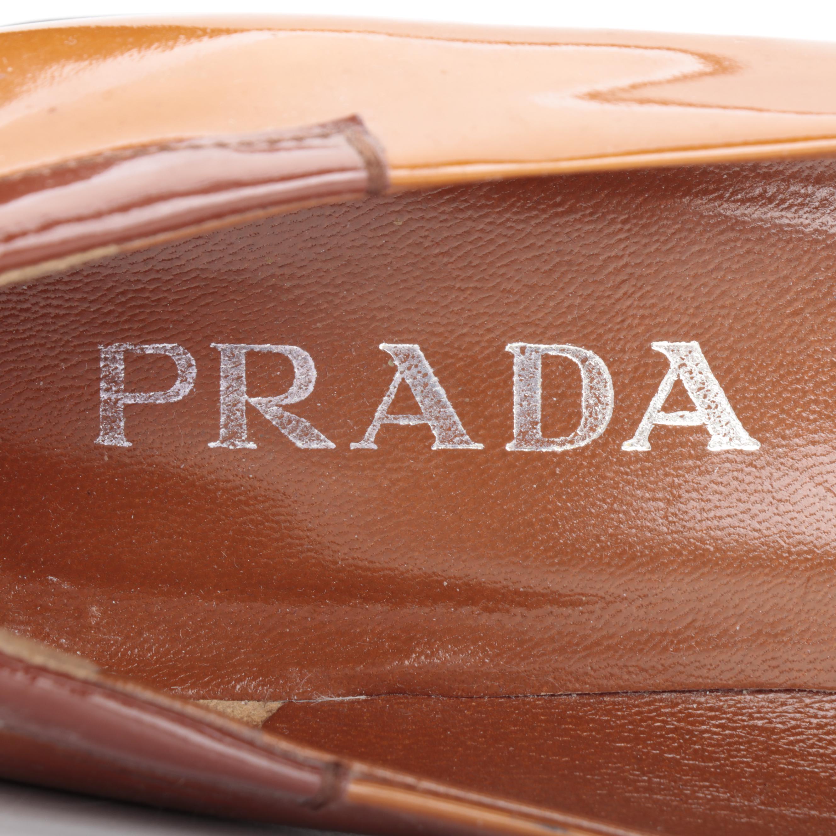Prada Block Heel Loafers in Bicolor Patent Leather