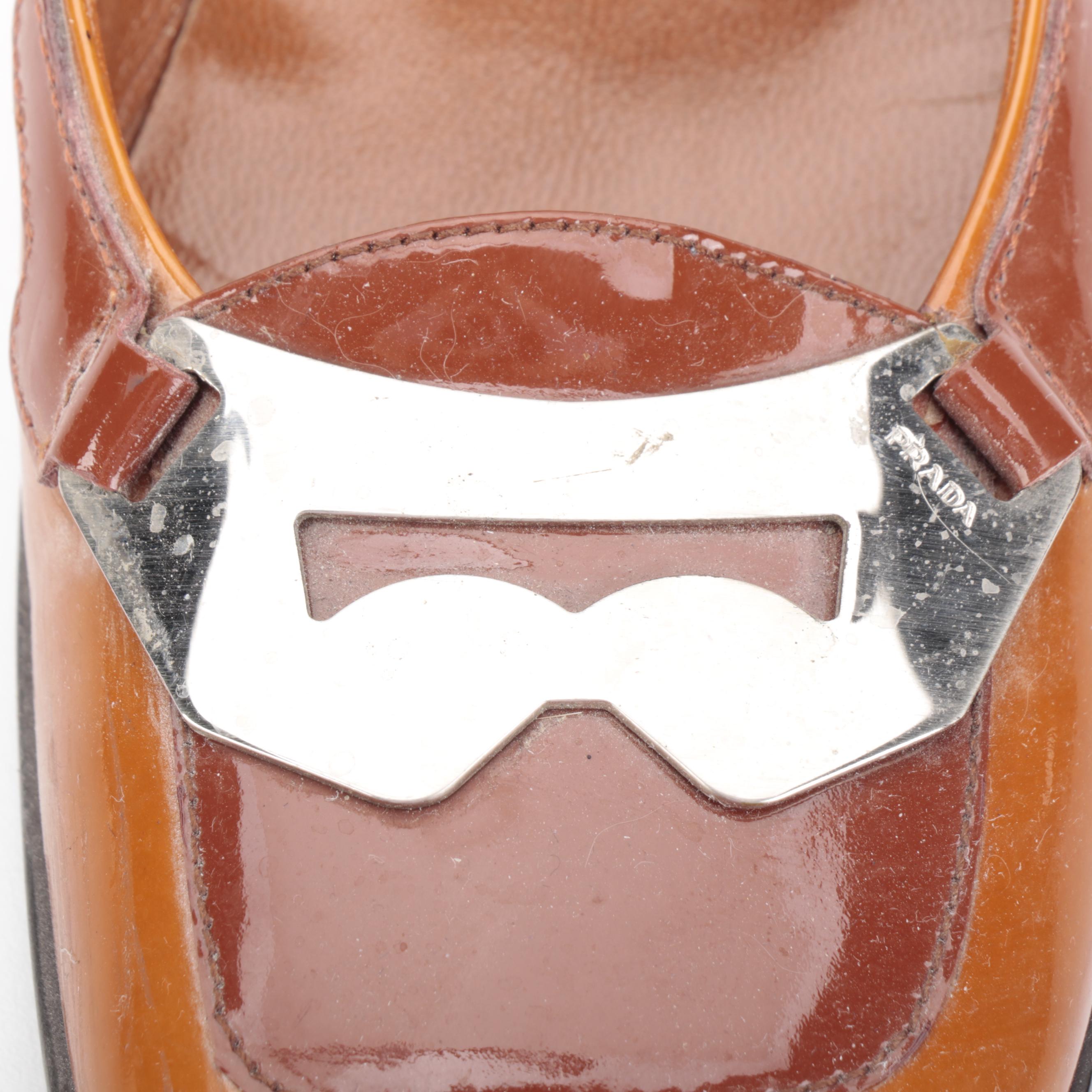 Prada Block Heel Loafers in Bicolor Patent Leather