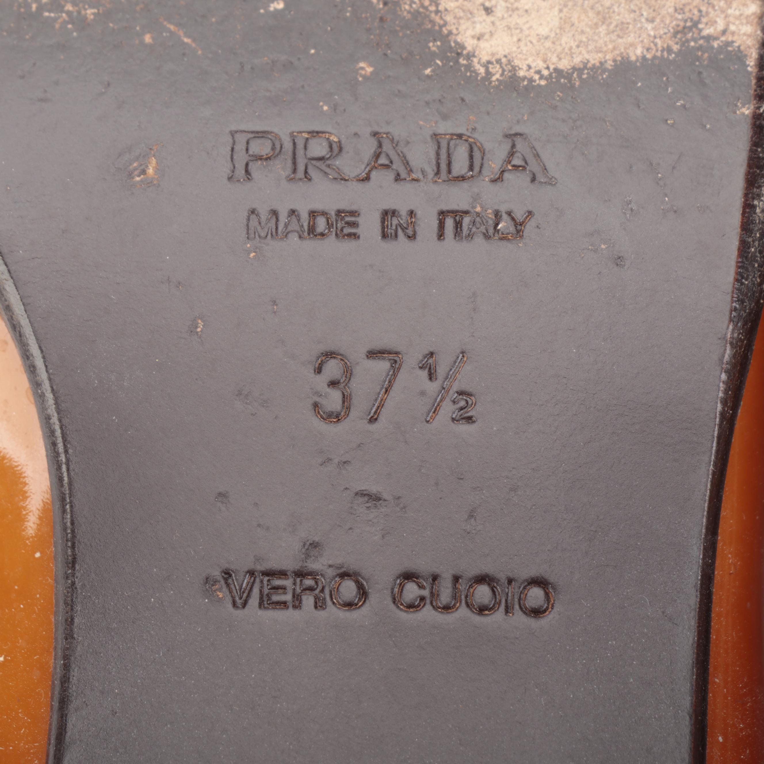 Prada Block Heel Loafers in Bicolor Patent Leather