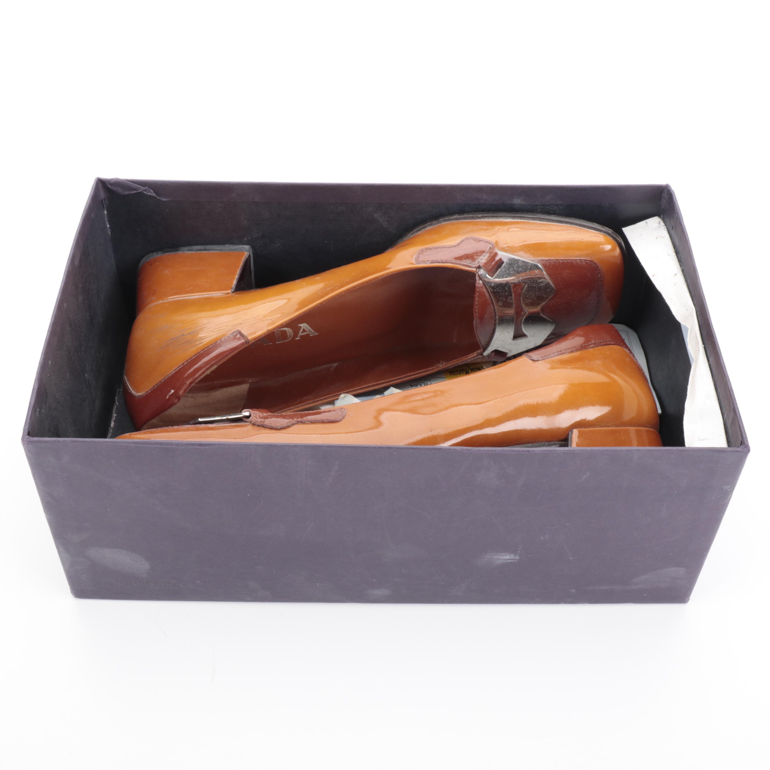 Prada Block Heel Loafers in Bicolor Patent Leather