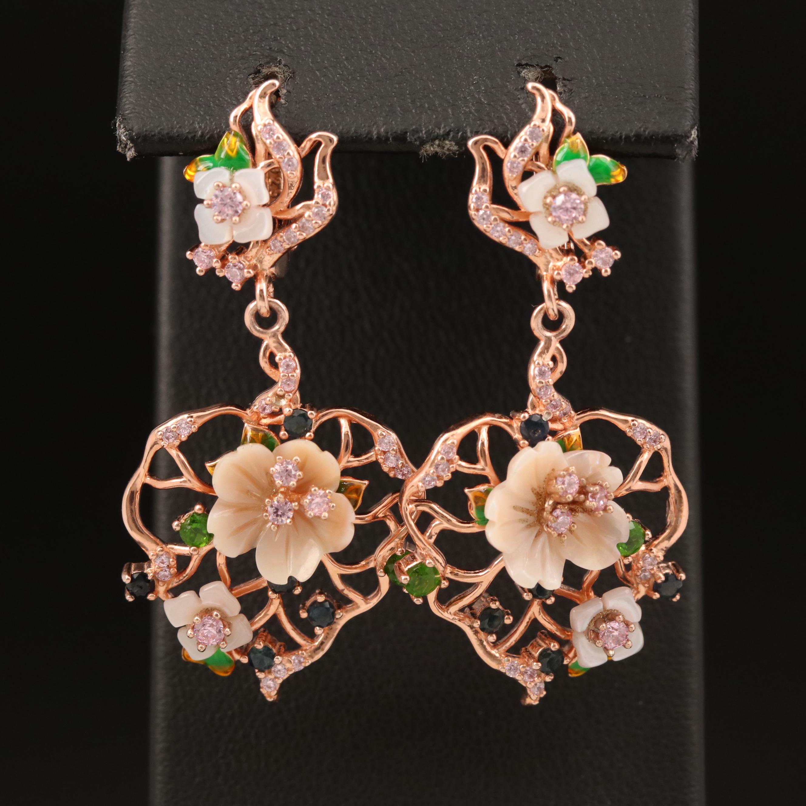 Sterling Floral Earrings Including Mother of Pearl, Diopside and Cubic Zirconia