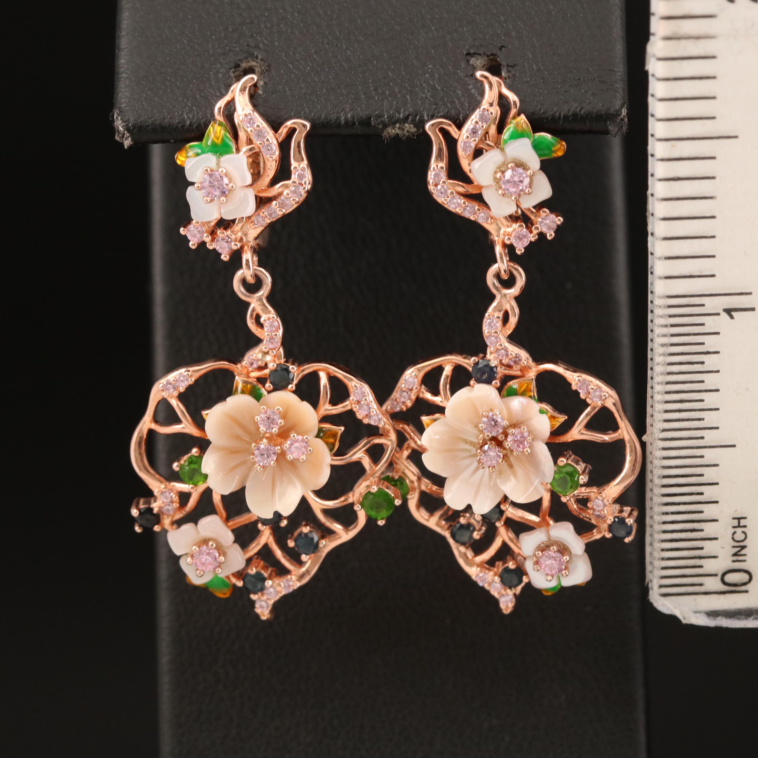 Sterling Floral Earrings Including Mother of Pearl, Diopside and Cubic Zirconia