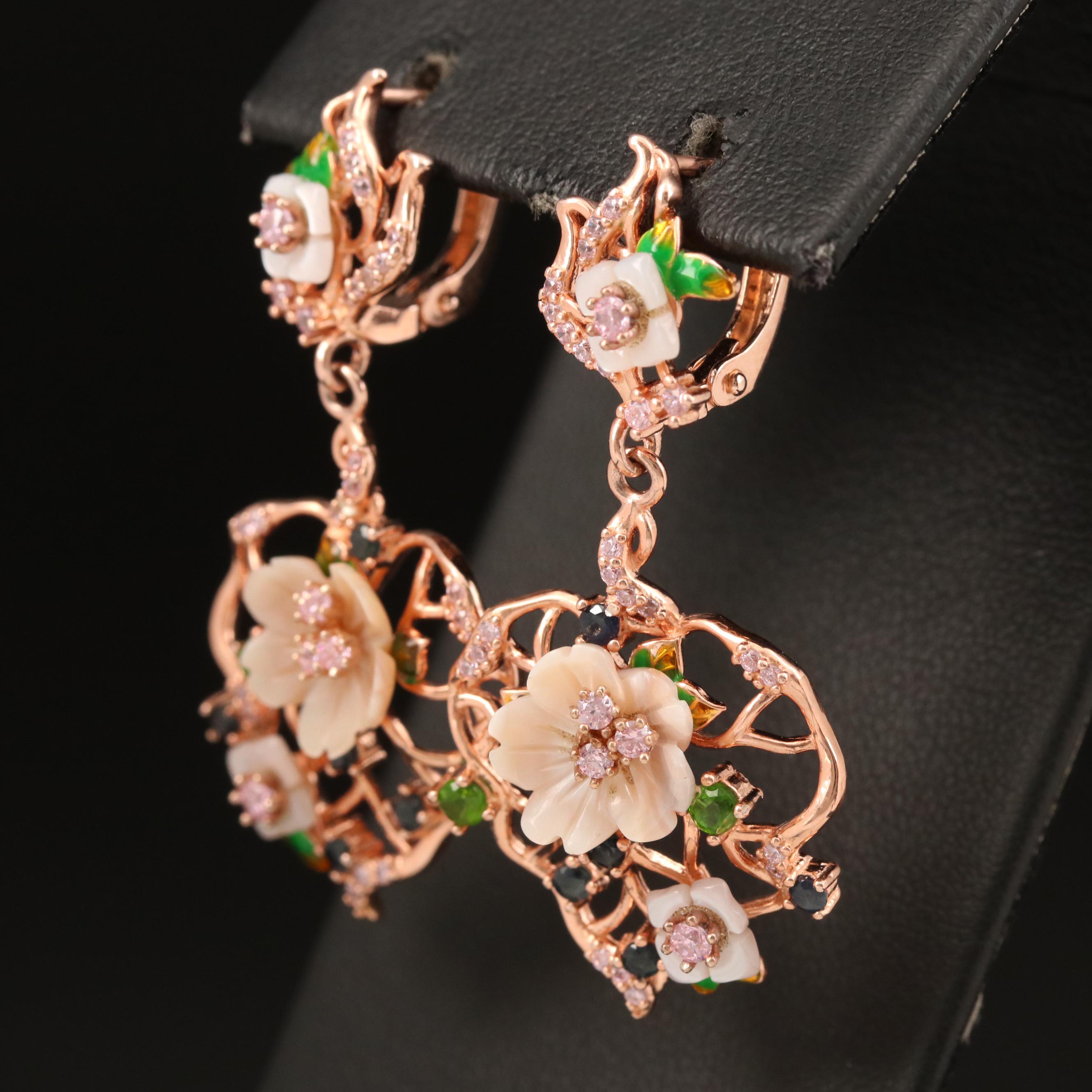 Sterling Floral Earrings Including Mother of Pearl, Diopside and Cubic Zirconia