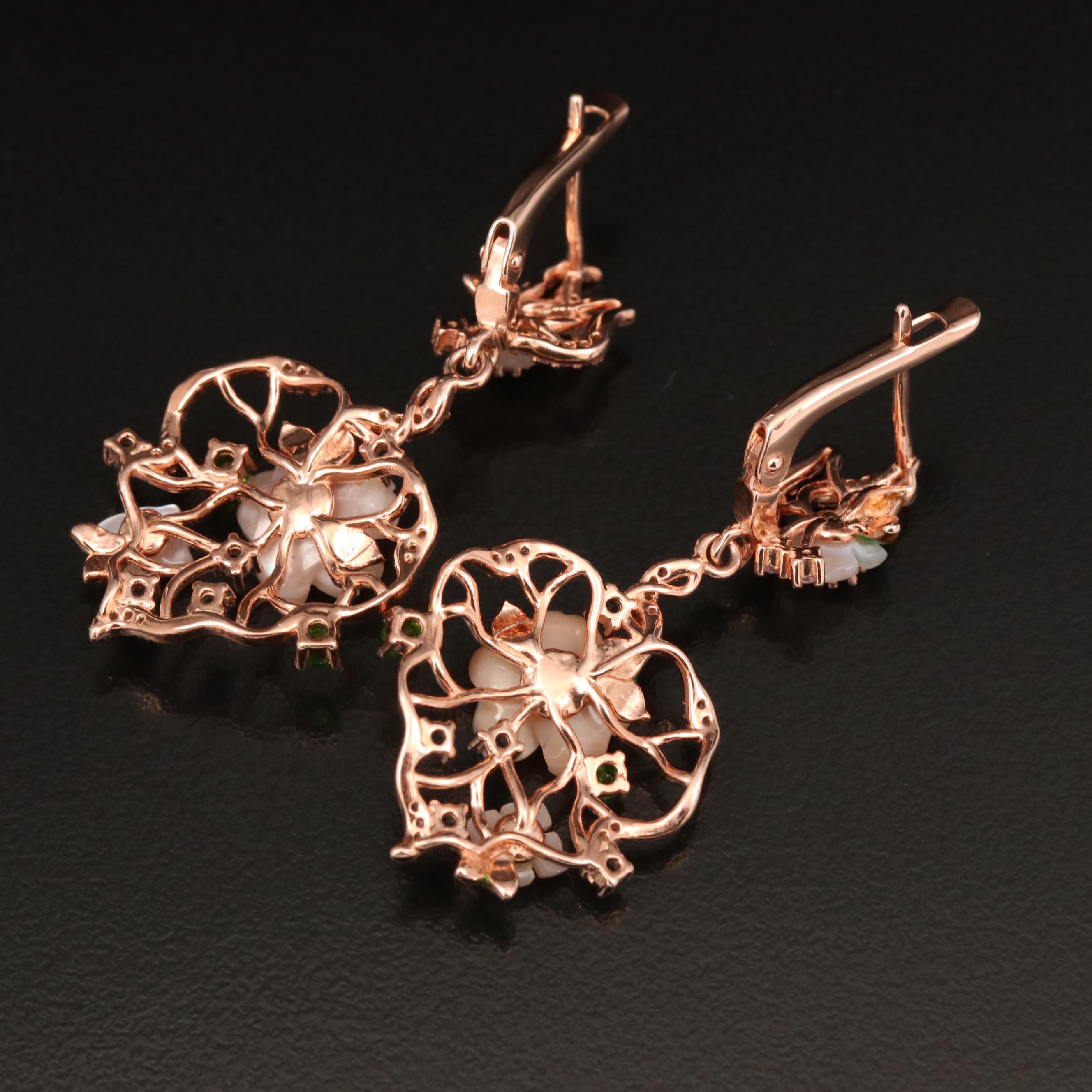 Sterling Floral Earrings Including Mother of Pearl, Diopside and Cubic Zirconia