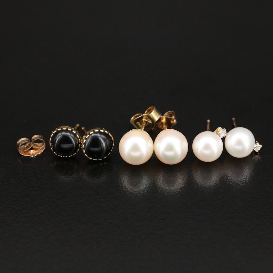 10K and 14K Gold Pearl with Black Onyx Stud Earrings