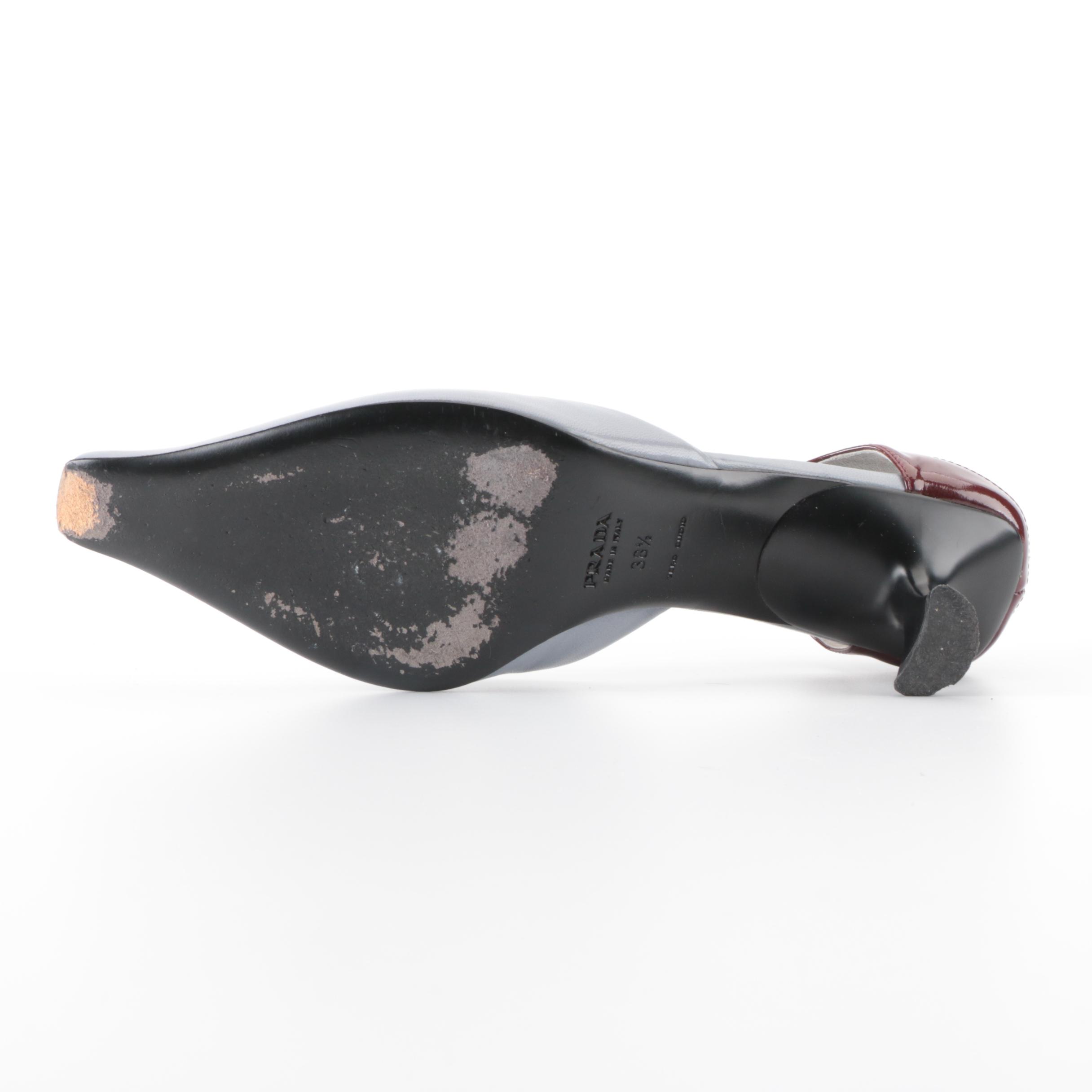 Prada Kitten Heels in Pale Blue Leather and Brown Patent Leather with Web Stripe