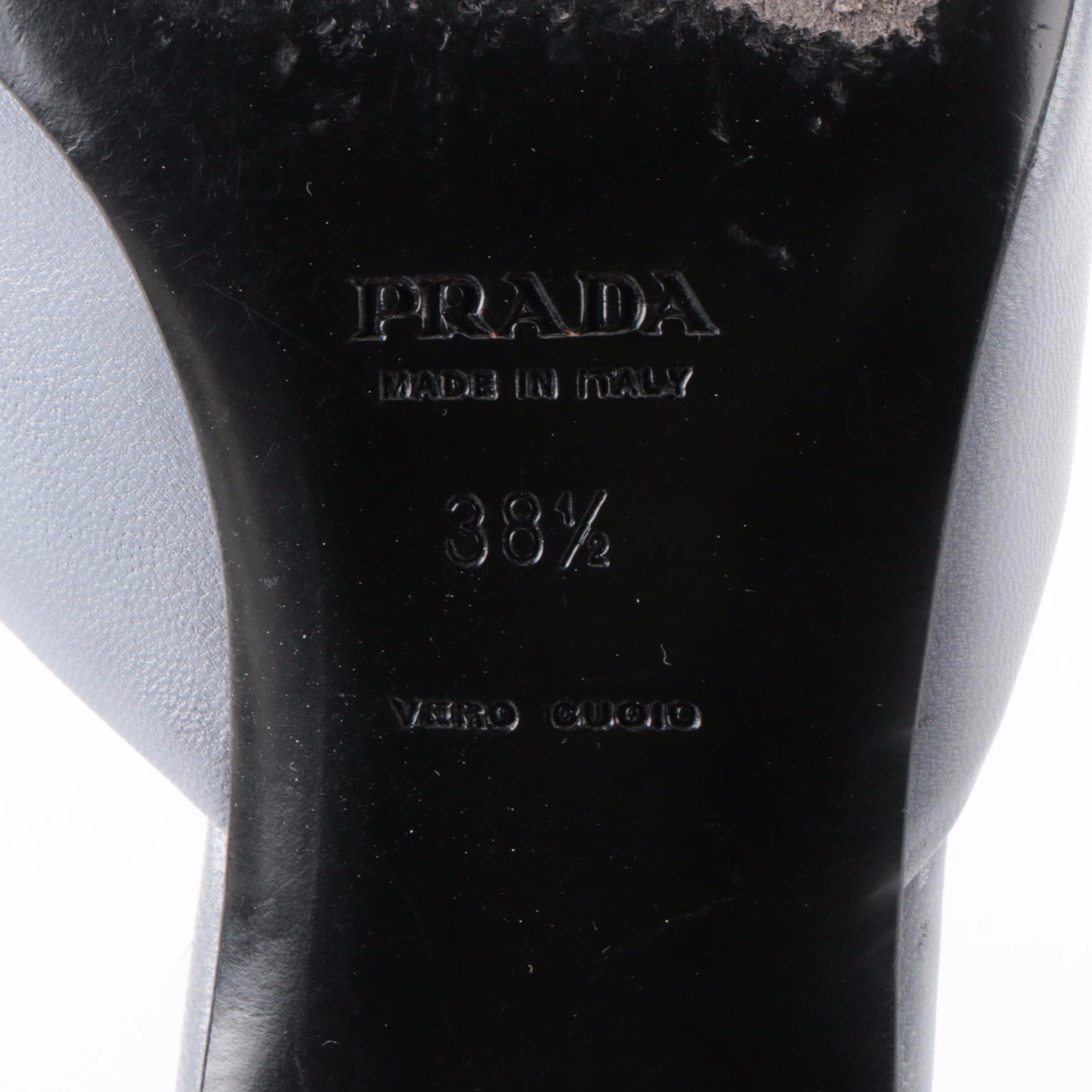 Prada Kitten Heels in Pale Blue Leather and Brown Patent Leather with Web Stripe