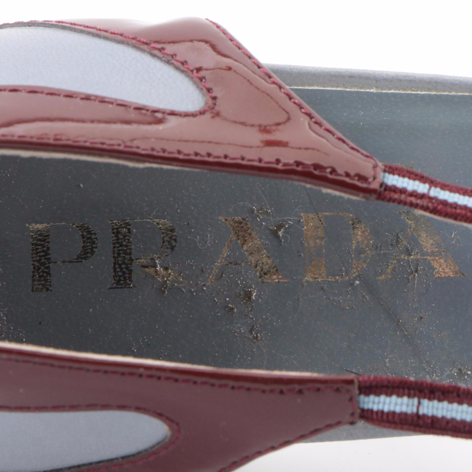 Prada Kitten Heels in Pale Blue Leather and Brown Patent Leather with Web Stripe