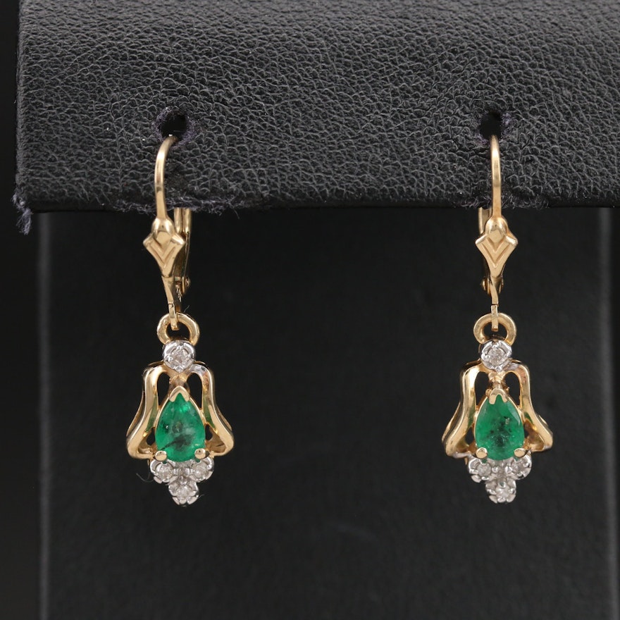 14K Emerald and Diamond Drop Earrings