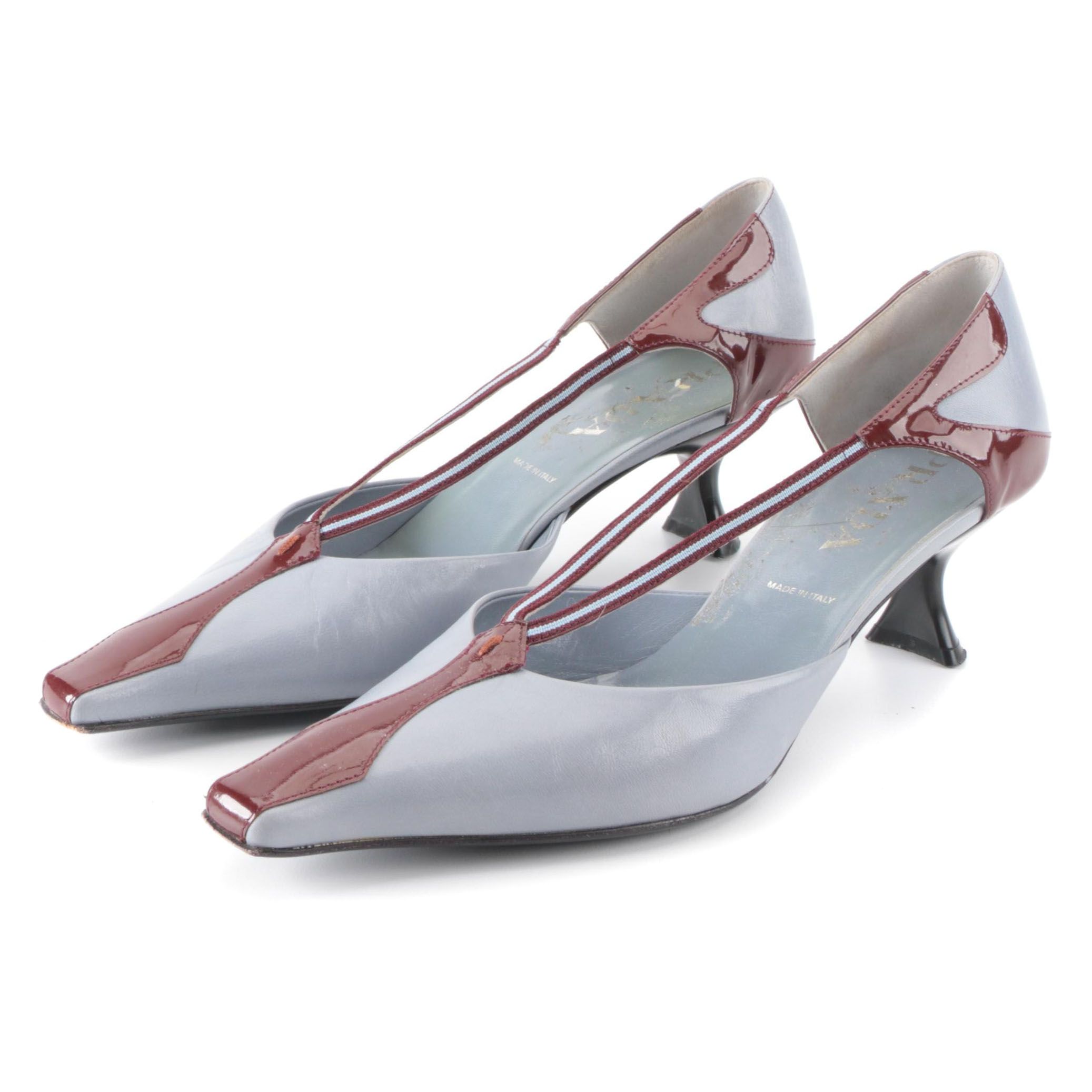 Prada Kitten Heels in Pale Blue Leather and Brown Patent Leather with Web Stripe