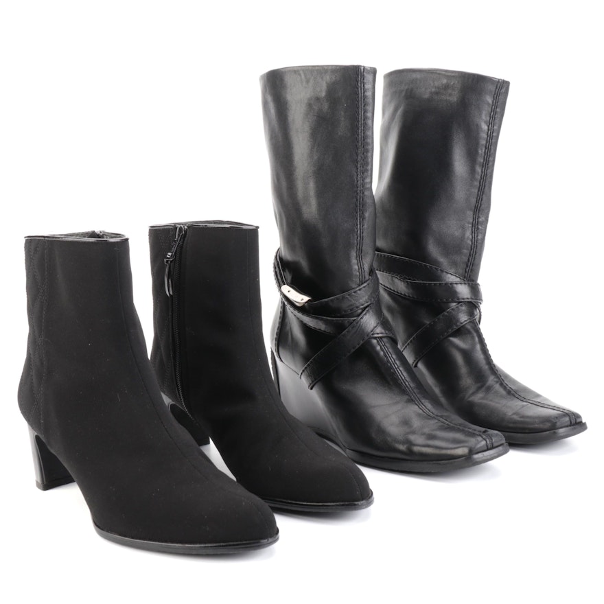 Stuart Weitzman Ankle Boots in Black Nylon and Leather Wedge Boots