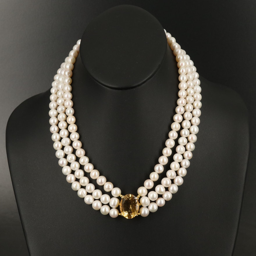 Sterling Citrine and Pearl Necklace
