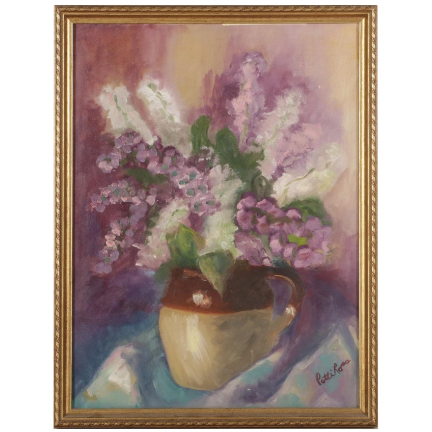 Patti Ross Still Life Oil Painting of Lavender Flowers in Jug