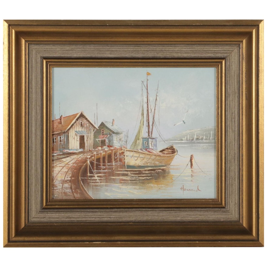 Harbor Scene Oil Painting of Fishing Boat Docked, Circa 2000