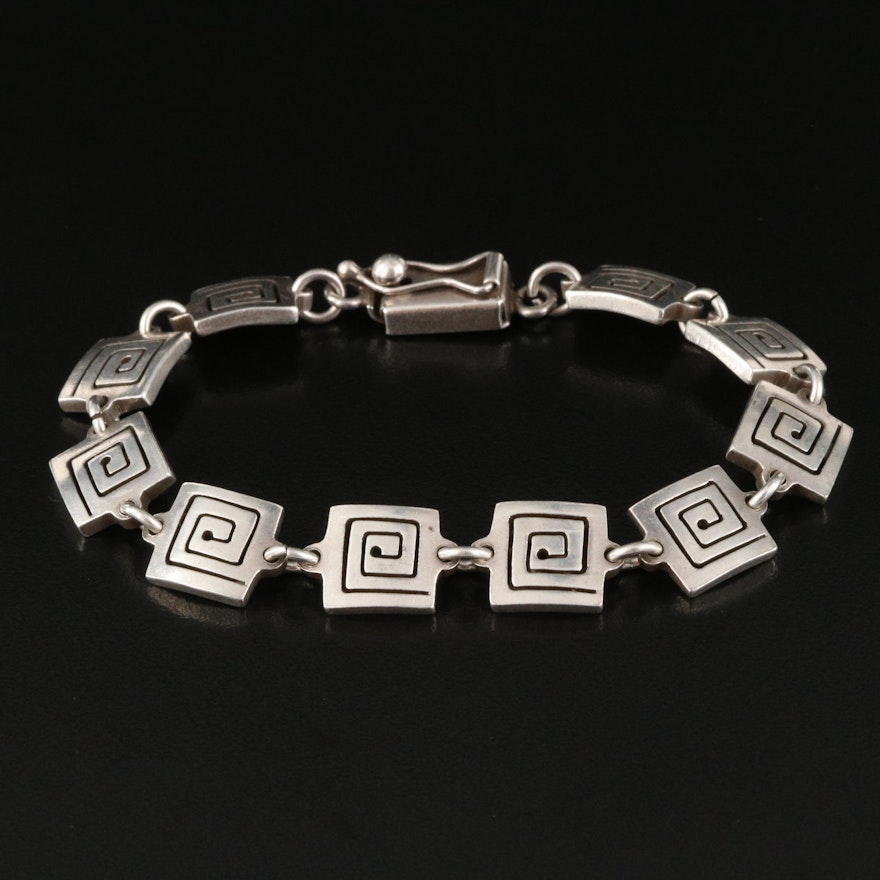 Sterling Silver Link Bracelet with Geometric Spiral Pattern