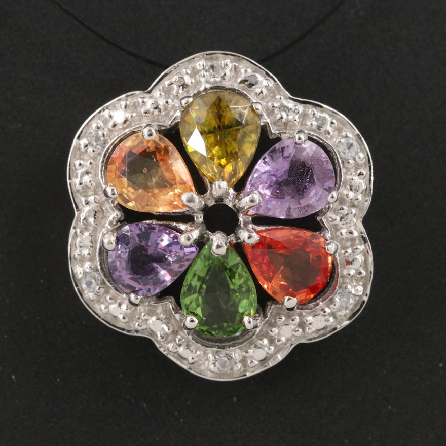 Sterling Scalloped Edge Tourmaline, Sapphire and Zircon Floral Pendant