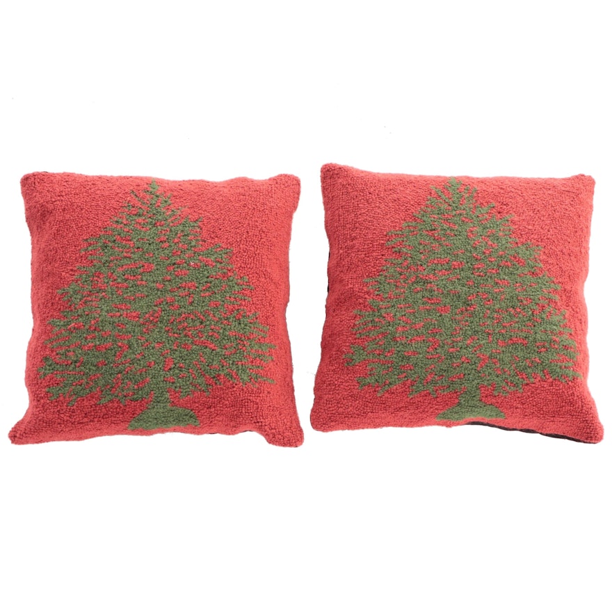 Grandin Road Hooked Wool Cotton Backed Christmas Tree Pillows
