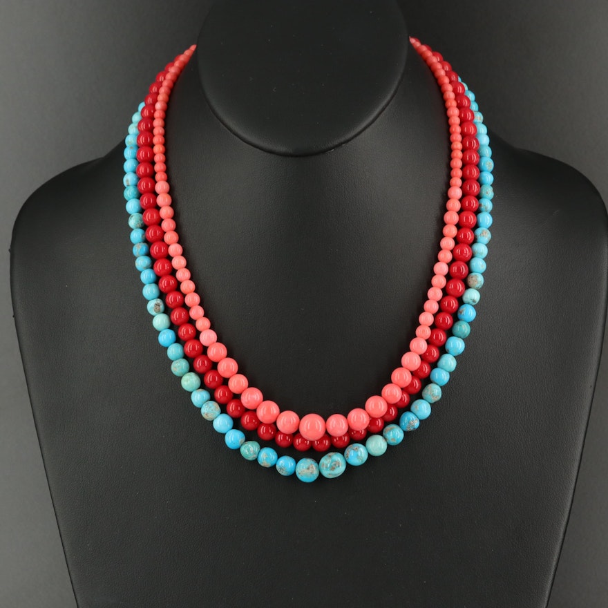 Graduated Turquoise and Coral Necklaces with Sterling Clasps