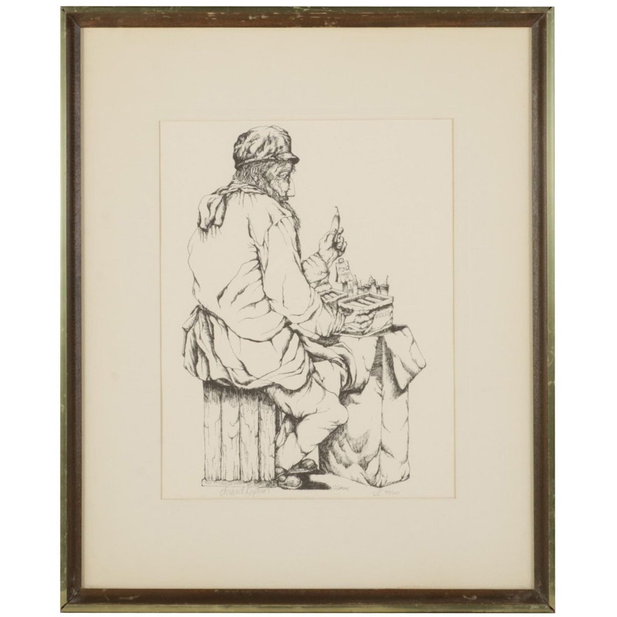 David Kaplan Lithograph of Hebrew Candle Street Vendor, Late 20th Century