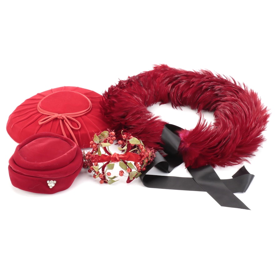 Embellished Red Velveteen Hats and Fascinator with Feathered Accessory