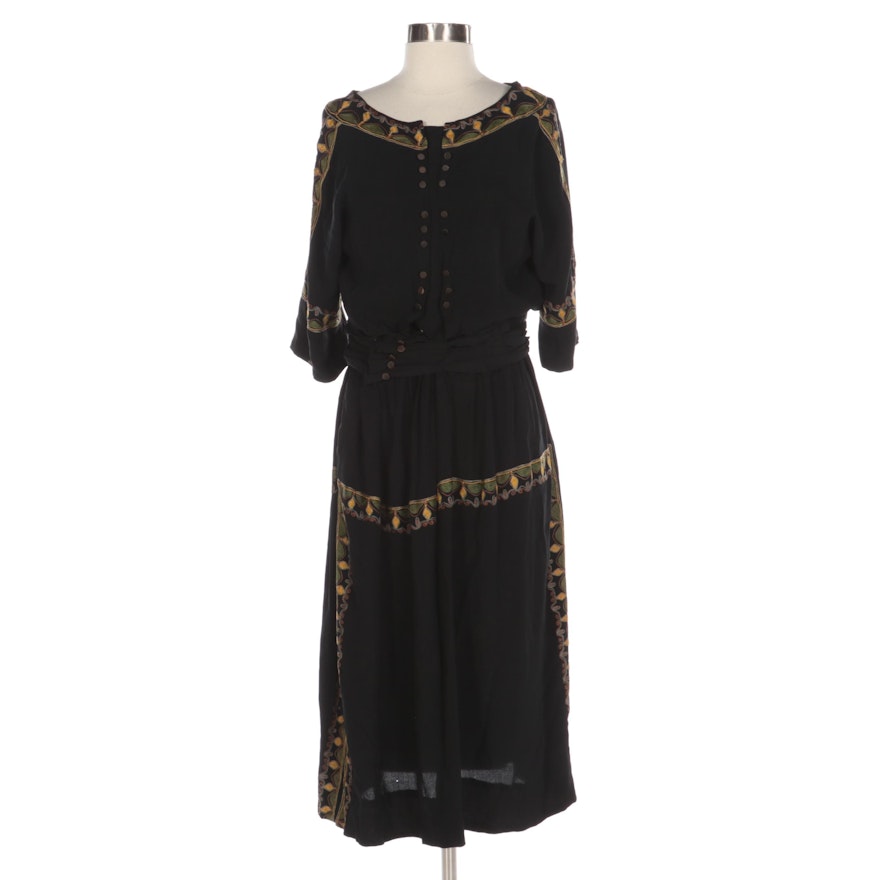 Embroidered Black Crepe Sheath Dress, 1940s