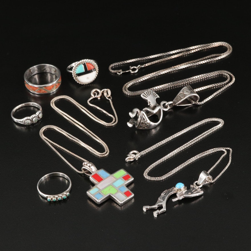 Southwestern Sterling Jewelry Collection with Inlay Ring and Kokopelli Necklaces