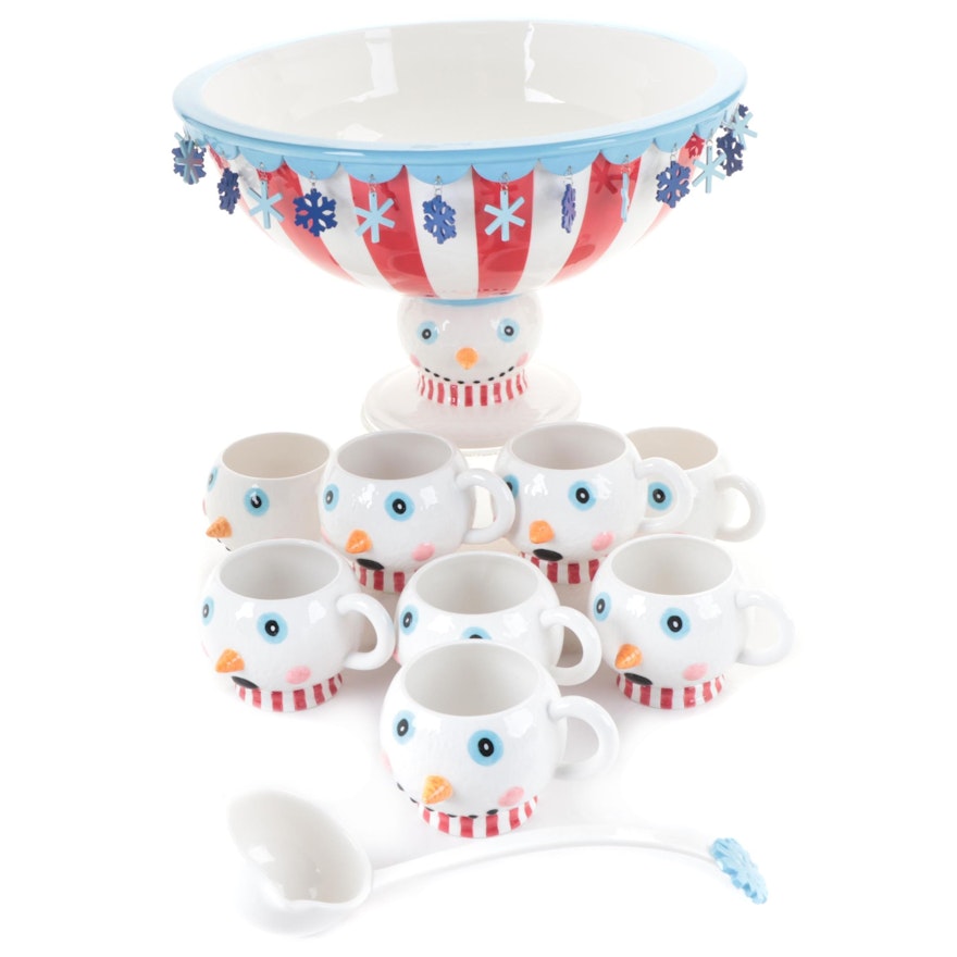 Department 56 Ceramic Footed Snowman Punch Bowl and Mugs