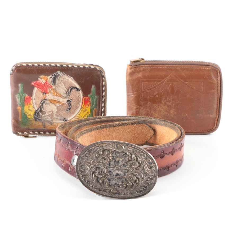 Tooled Leather Wallets and Belt with Sterling Silver Buckle