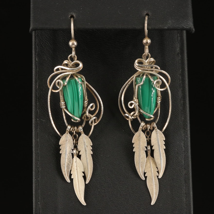 Sterling Malachite Drop Earrings with Feather Drops