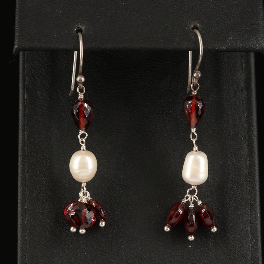 Sterling Garnet and Pearl Drop Earrings