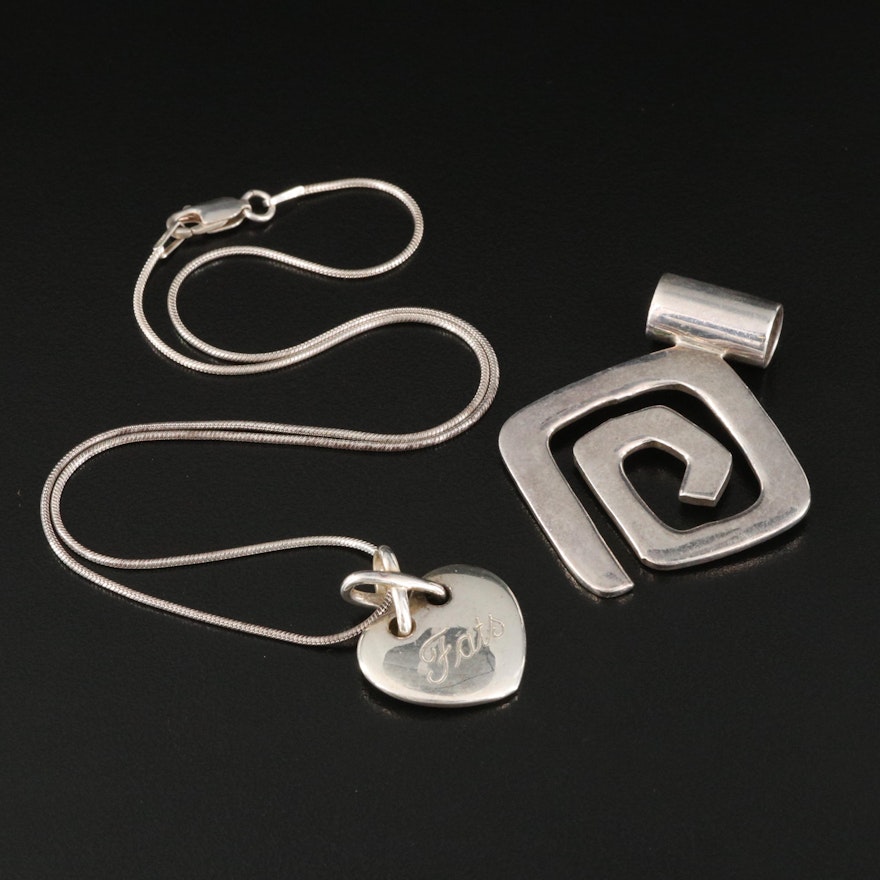 Sterling Heart and Spiral Pendants with Snake Chain