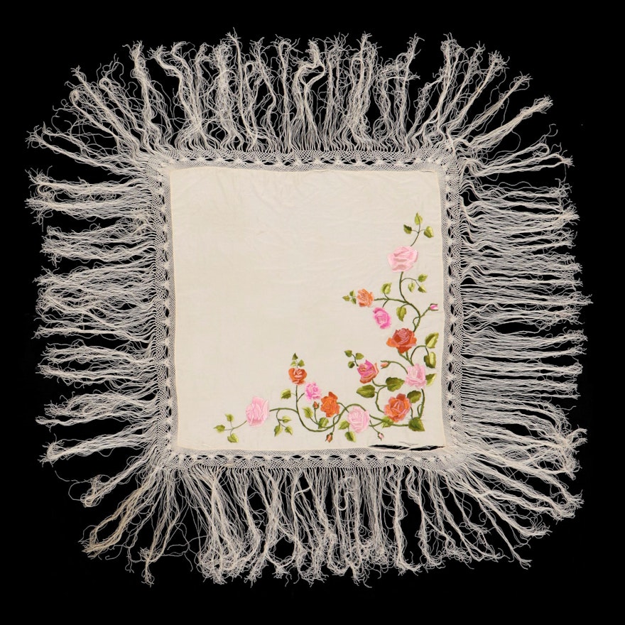 Floral Embroidered Satin Piano Shawl with Macrame Fringe, Mid 20th Century
