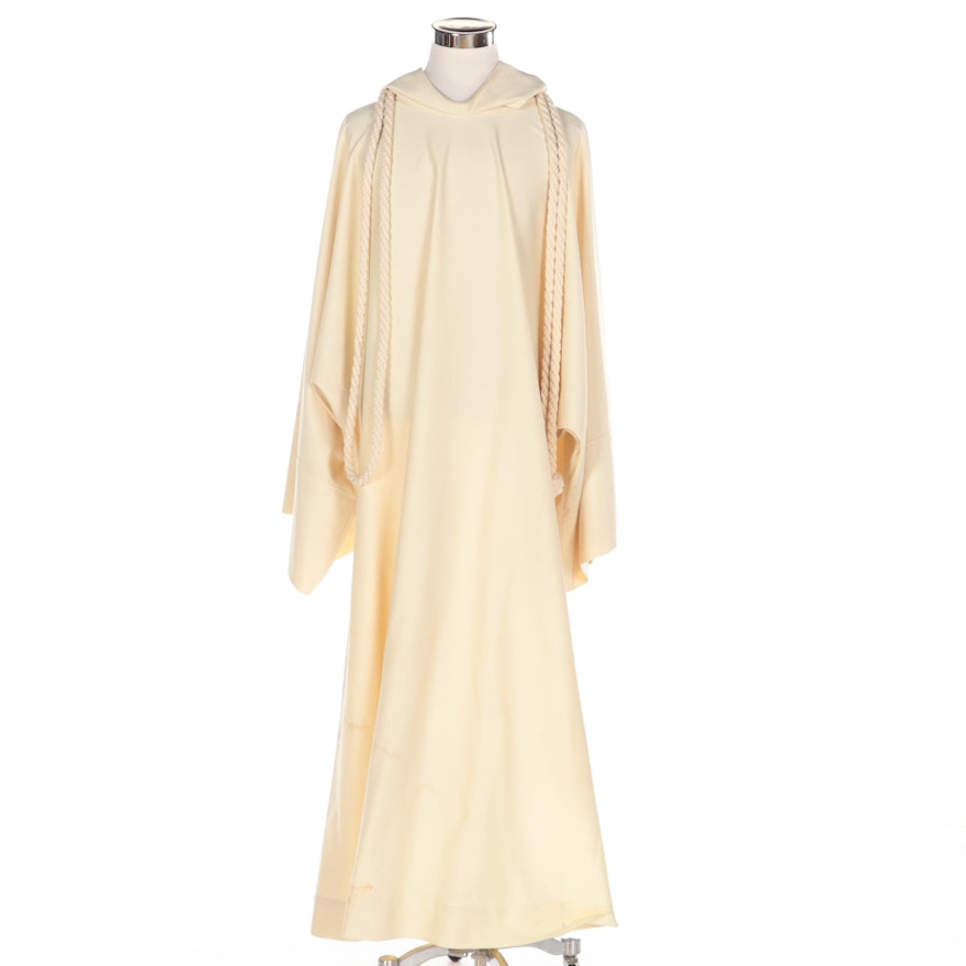 Plain Hooded Dalmatic in Cream Worcester Knit with Knotted Cotton Rope