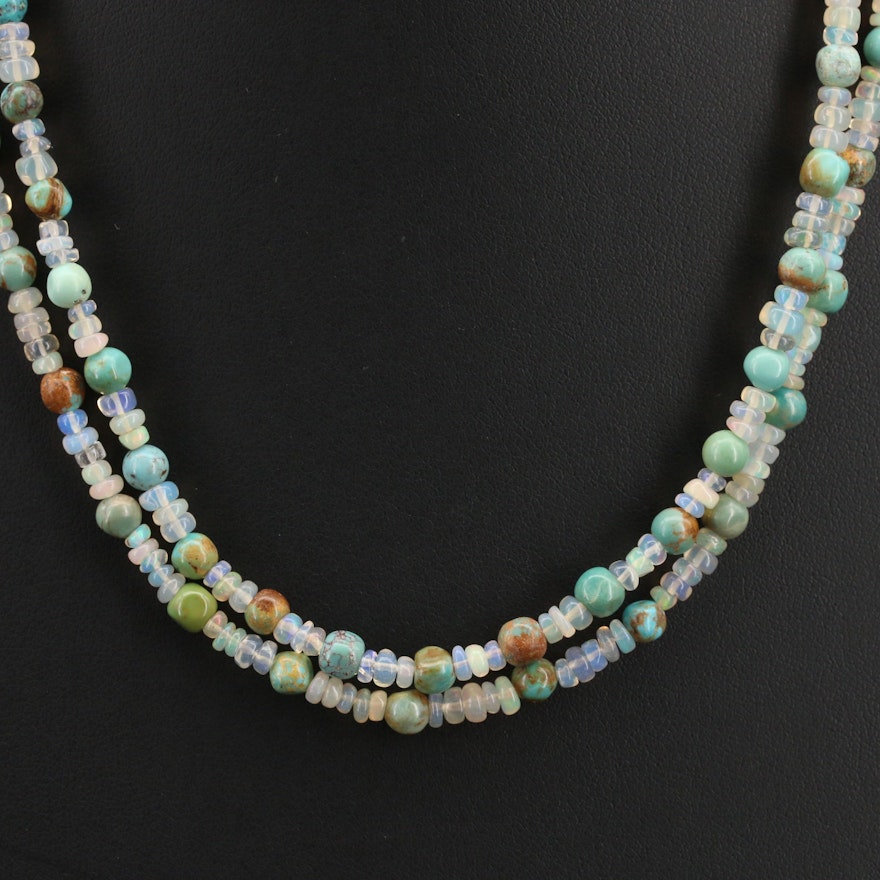 Turquoise and Opal Double Strand Beaded Necklace with Sterling Clasp