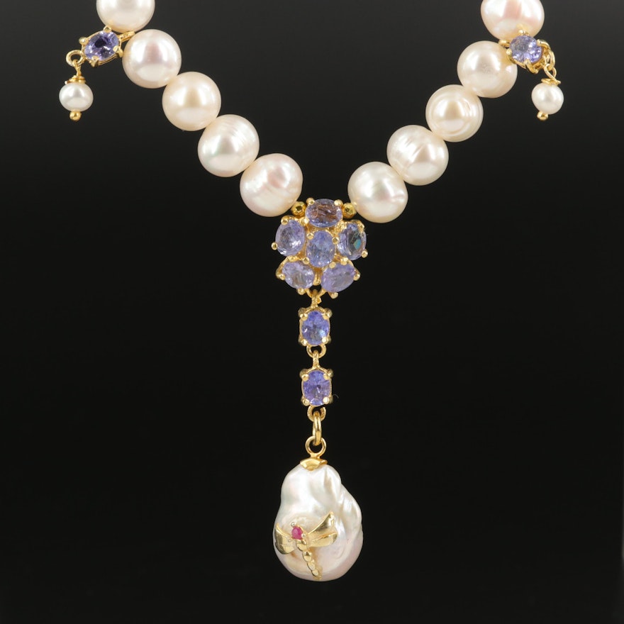 Sterling Pearl, Tanzanite and Ruby Necklace with Drops