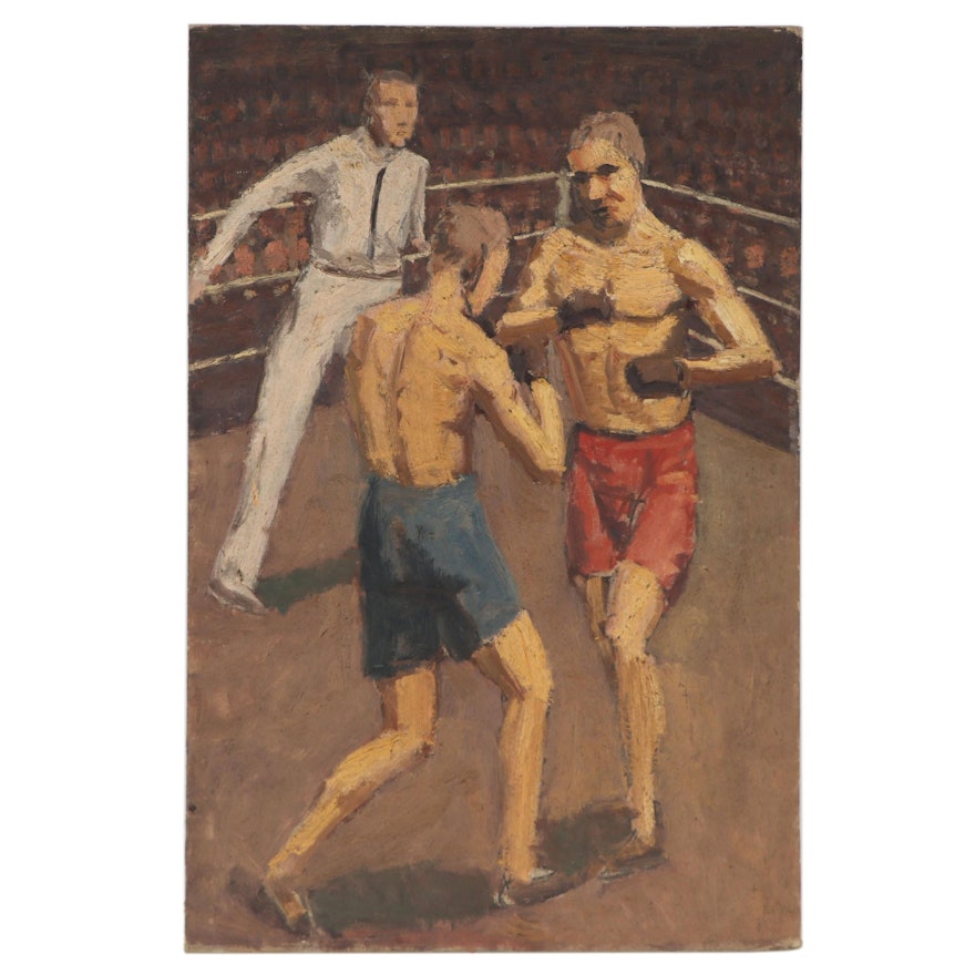 Double-Sided Oil Painting of Athletes, Mid-20th Century