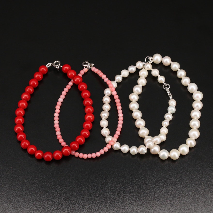Pearl and Coral Beaded Bracelets with Sterling Clasps