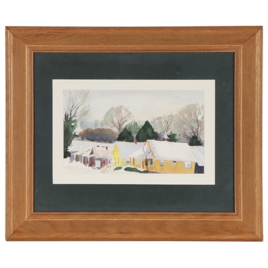Watercolor Painting of Snowy Neighborhood, Late 20th Century
