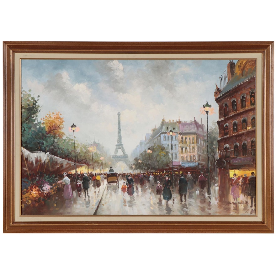 Max Taylor Oil Painting of Paris Street Scene, Late 20th Century