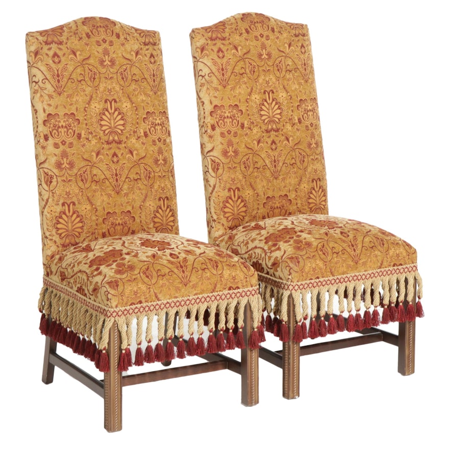 Pair of High Back Plush Upholstered Side Chairs with Fringe Borders