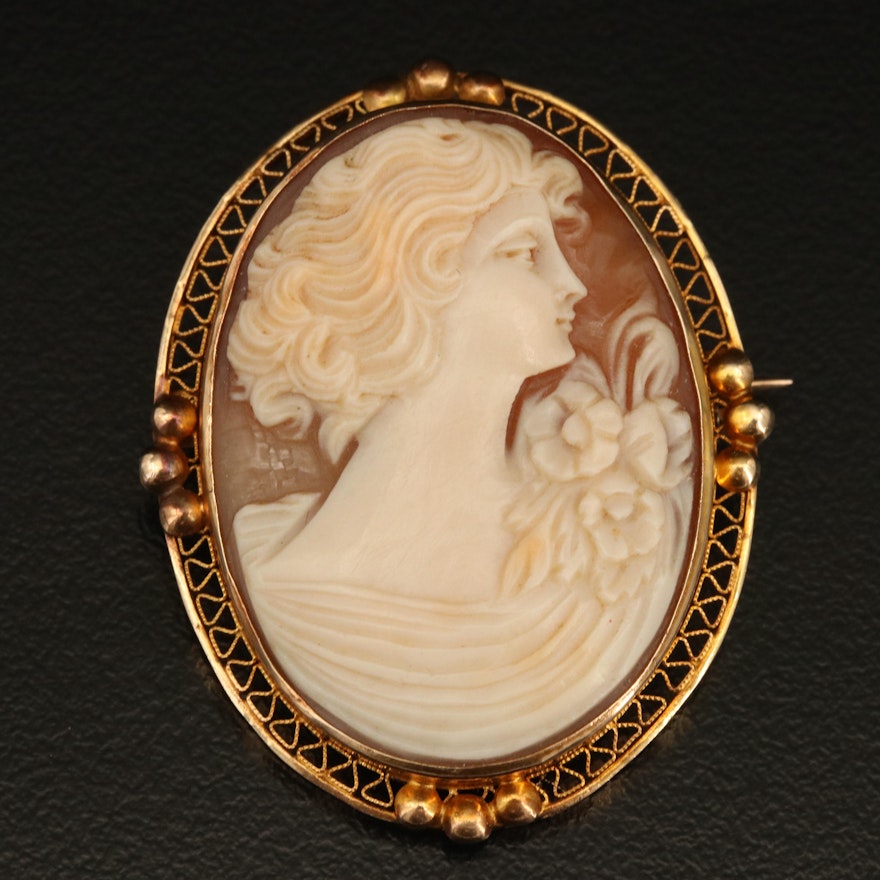 14K Oval Shell Cameo Brooch