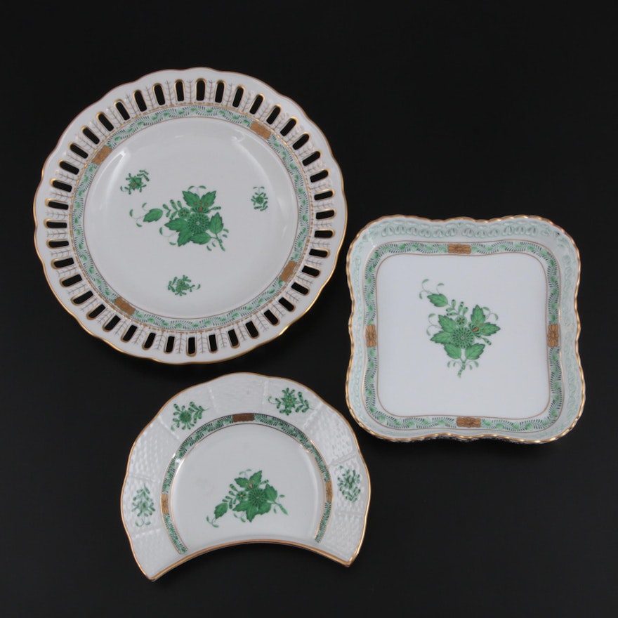 Herend "Chinese Bouquet Green" Reticulated Plate, Crescent Plate and Square Tray