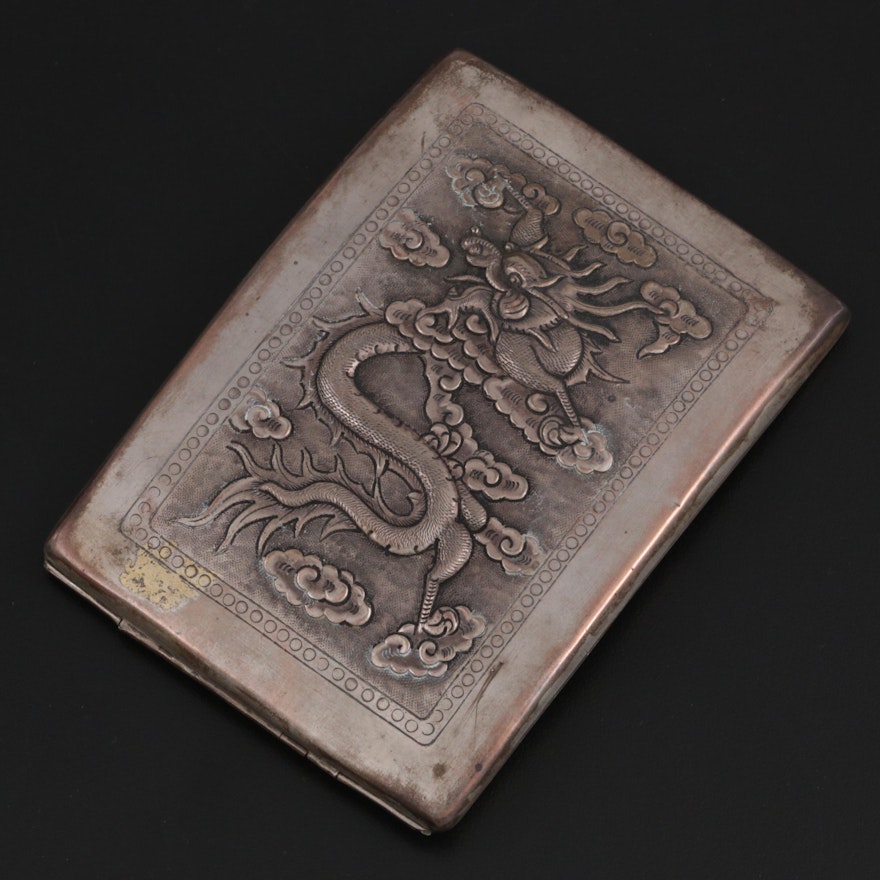 Chinese Export Silver Plate Repoussé Dragon Cigarette Case, Mid-20th Century