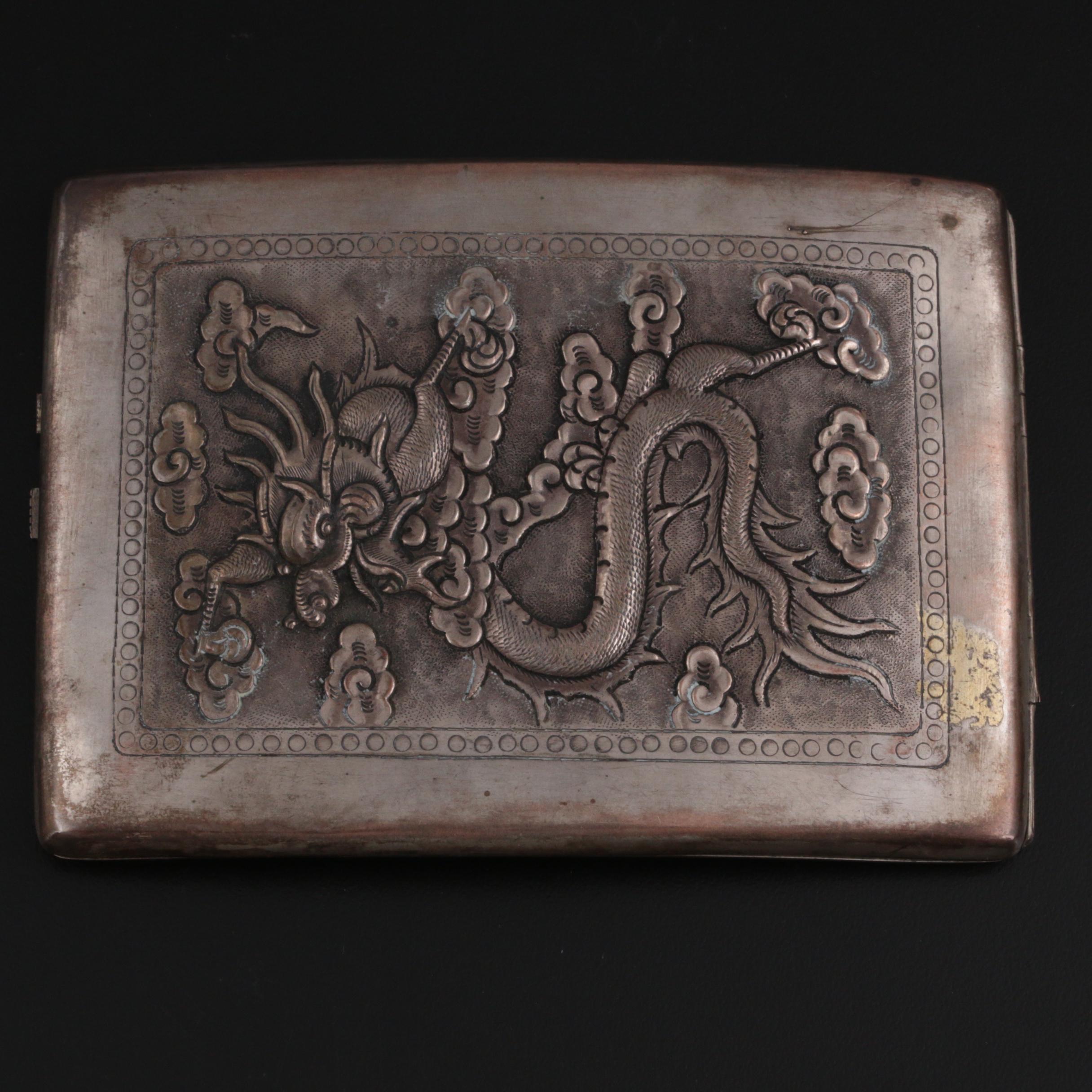 Chinese Export Silver Plate Repoussé Dragon Cigarette Case, Mid-20th Century