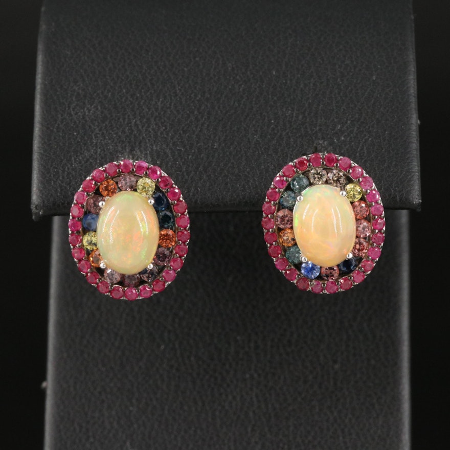 Sterling Opal, Sapphire and Ruby Double Halo Earrings