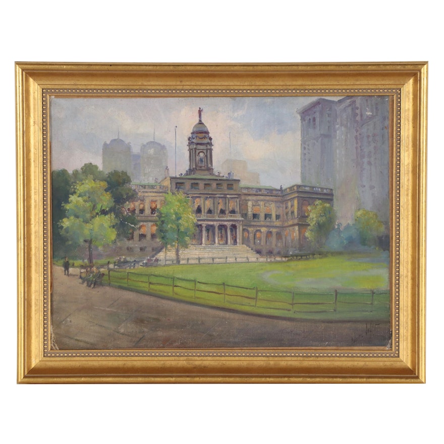 Architectural Landscape Oil Painting "New York City Hall," Circa 1930