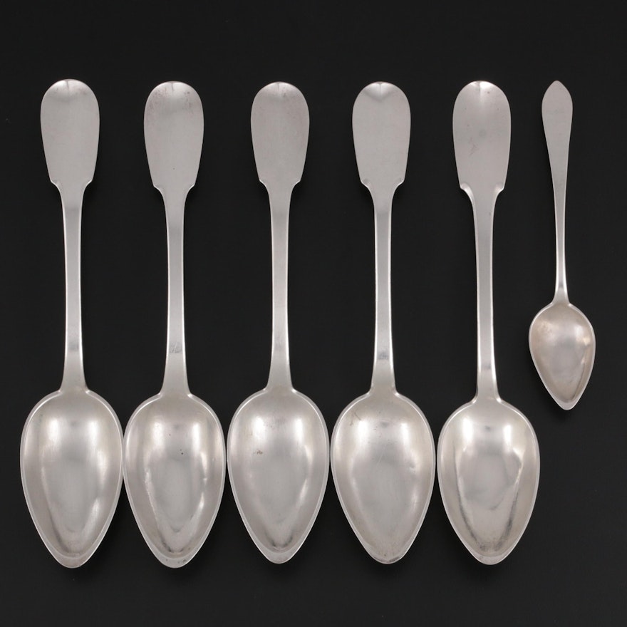 French 800 Silver Fiddle Handle Serving Spoons and Teaspoon, 19th Century