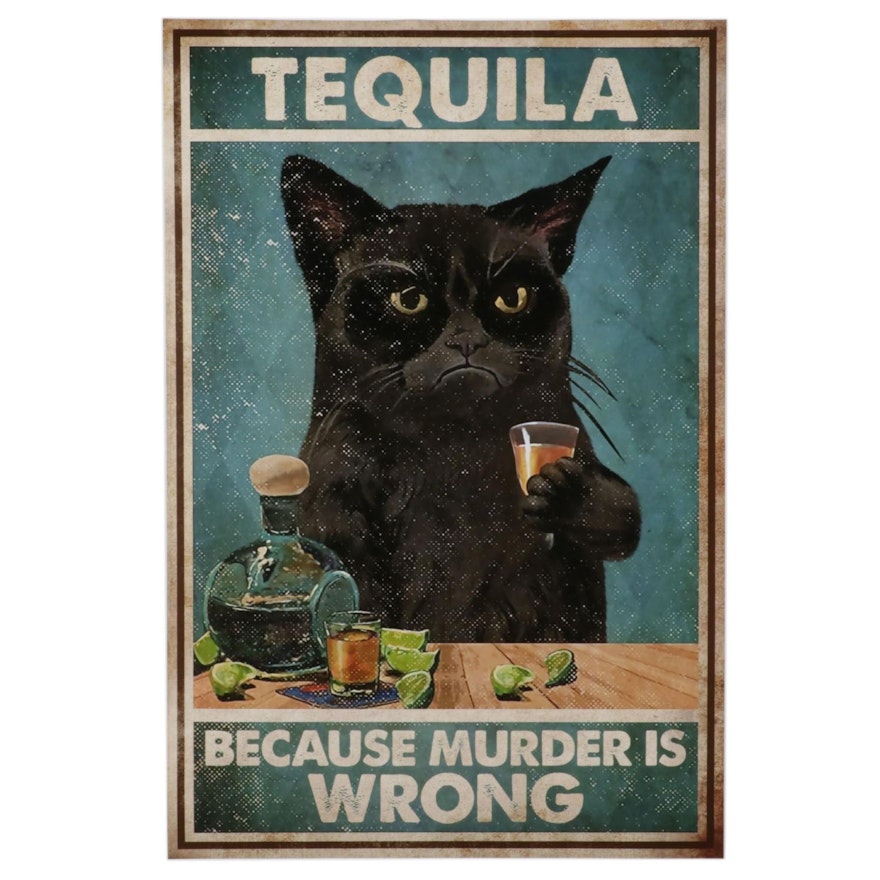 Giclée Poster of Black Cat Drinking Tequila, 21st Century