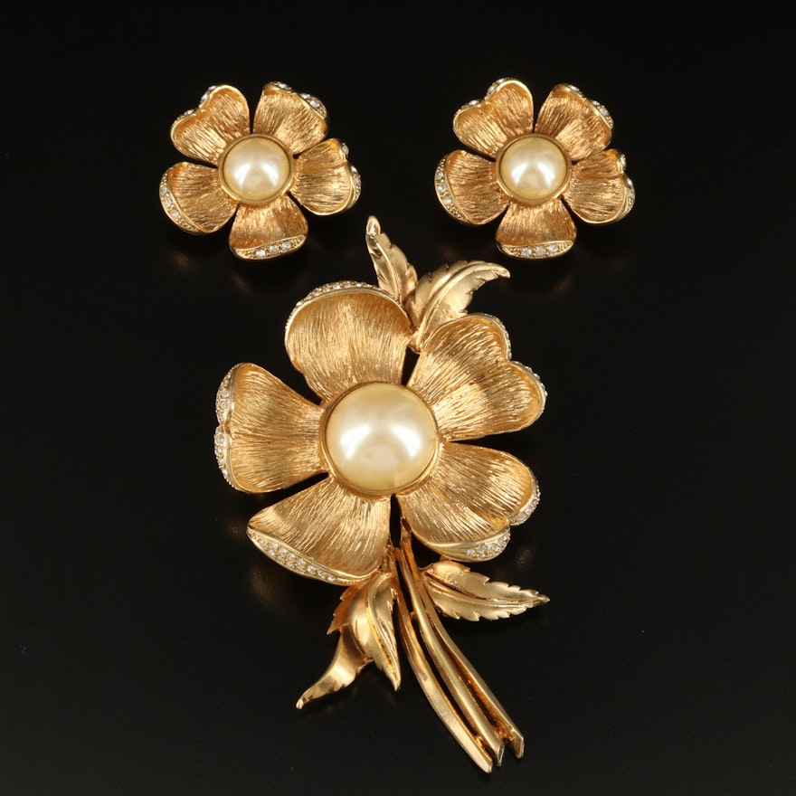 Vintage Les Bernard Rhinestone and Faux Pearl Flower Brooch and Earrings