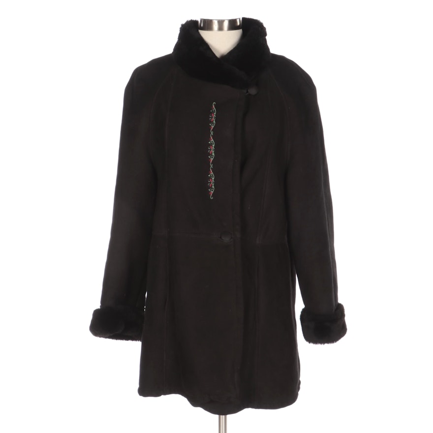 Ardney Raglan Sleeve Black Shearling Jacket with Embroidery